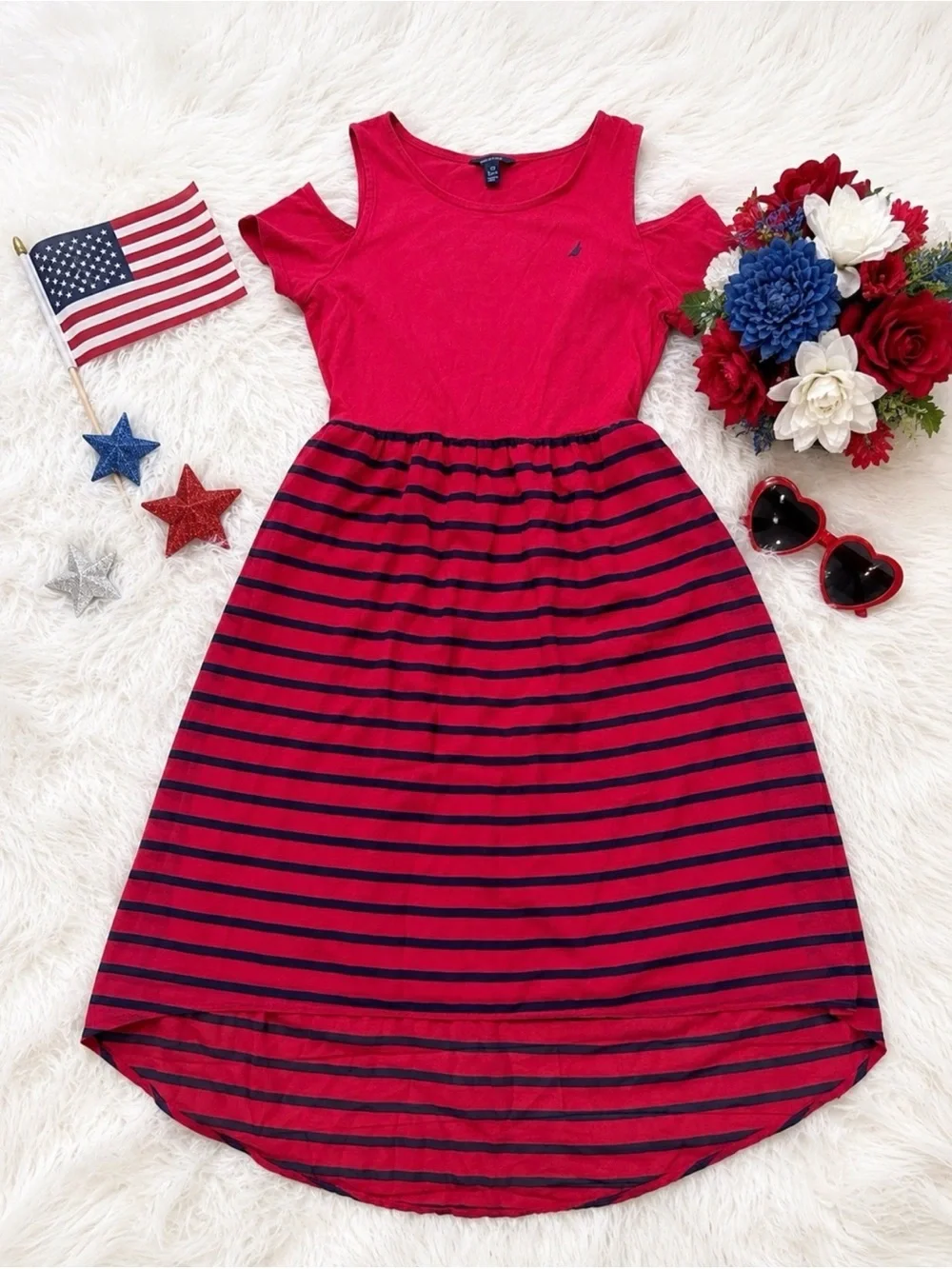 Girls Red Cold-Shoulder Stripe Knit Dress 4th Of July